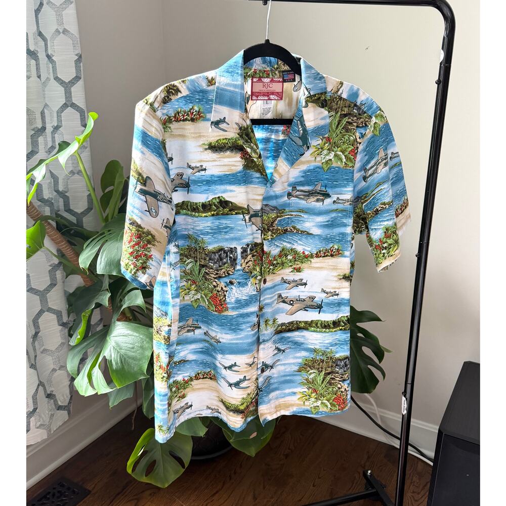 RJC Hawaii Pearl Harbor Airplane Hawaiian Shirt USA Made Mens Large Rayon